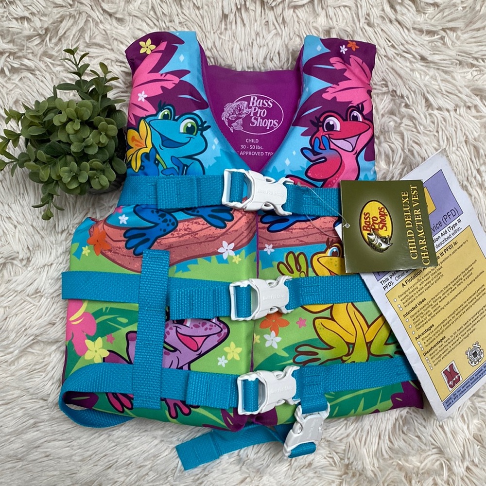 🎉3X HP🎉 Bass Pro Shops Child Deluxe Character Vest 💗 Aqua Purple & Green